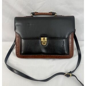 BelleRose Black & Brown Leather Croc Print  Messenger Bag Laptop Briefcase Vtg‎
